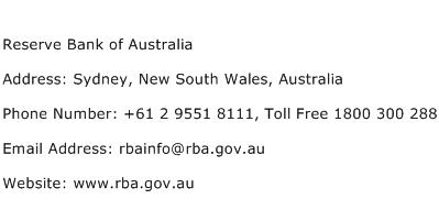 Reserve Bank of Australia Address Contact Number