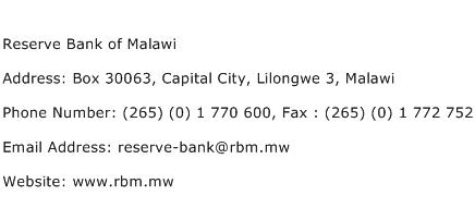 Reserve Bank of Malawi Address Contact Number