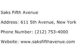 Saks Fifth Avenue Address Contact Number
