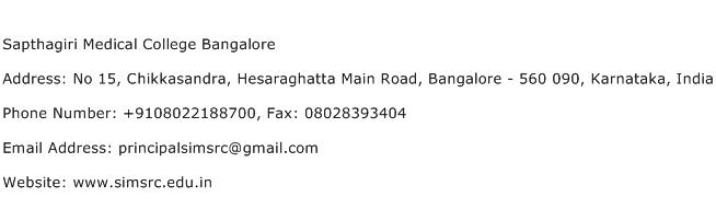 Sapthagiri Medical College Bangalore Address Contact Number
