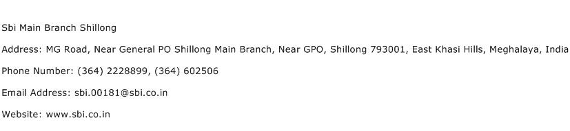 Sbi Main Branch Shillong Address Contact Number