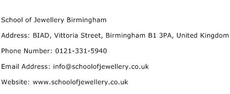 School of Jewellery Birmingham Address Contact Number