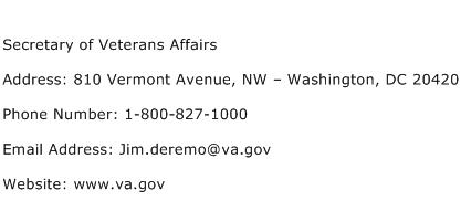 Secretary of Veterans Affairs Address Contact Number