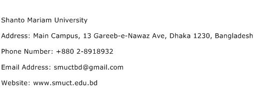 Shanto Mariam University Address Contact Number
