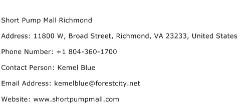 Short Pump Mall Richmond Address Contact Number