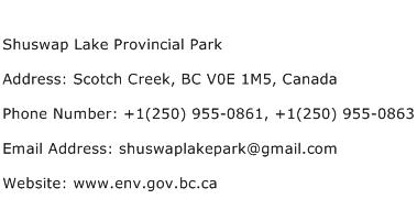 Shuswap Lake Provincial Park Address Contact Number