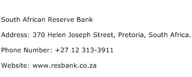 South African Reserve Bank Address Contact Number