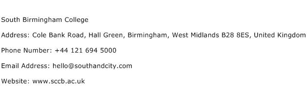 South Birmingham College Address Contact Number
