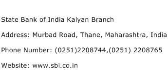 State Bank of India Kalyan Branch Address Contact Number