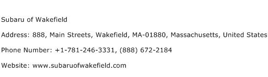 Subaru of Wakefield Address Contact Number