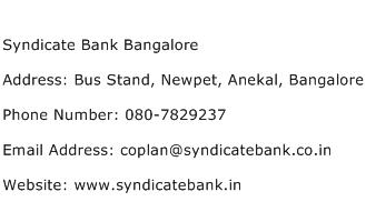 Syndicate Bank Bangalore Address Contact Number