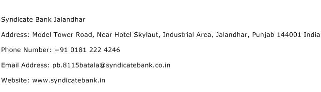 Syndicate Bank Jalandhar Address Contact Number