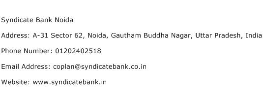 Syndicate Bank Noida Address Contact Number