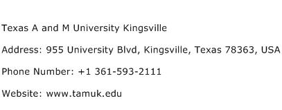 Texas A and M University Kingsville Address Contact Number