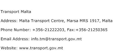 Transport Malta Address Contact Number