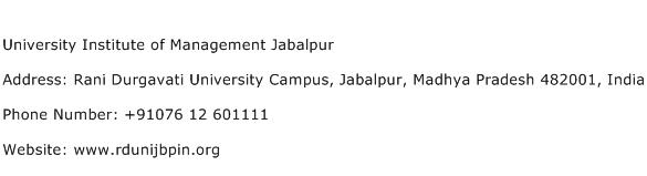 University Institute of Management Jabalpur Address Contact Number