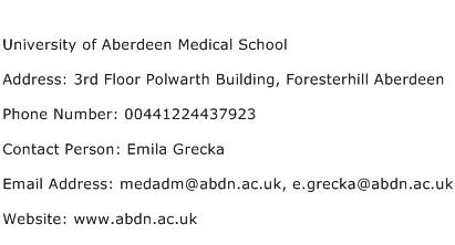 University of Aberdeen Medical School Address Contact Number
