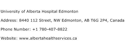 University of Alberta Hospital Edmonton Address Contact Number