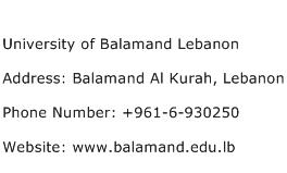 University of Balamand Lebanon Address Contact Number