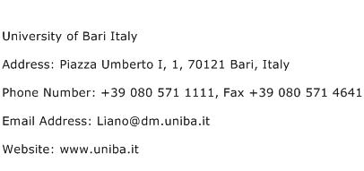 University of Bari Italy Address Contact Number