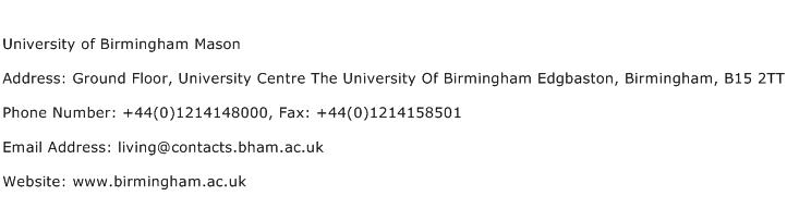 University of Birmingham Mason Address Contact Number