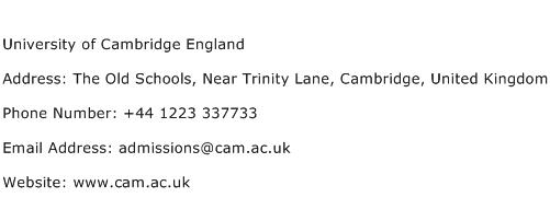 University of Cambridge England Address Contact Number