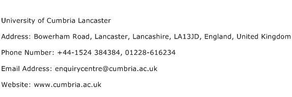 University of Cumbria Lancaster Address Contact Number