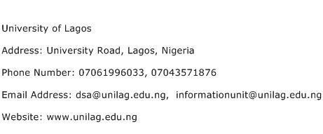 University of Lagos Address Contact Number
