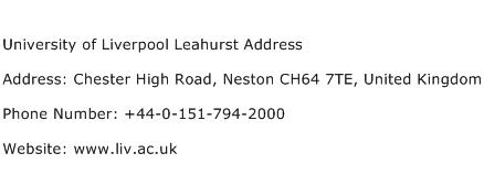 University of Liverpool Leahurst Address Address Contact Number