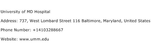 University of MD Hospital Address Contact Number