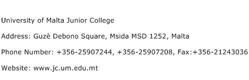 University of Malta Junior College Address Contact Number