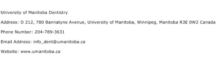 University of Manitoba Dentistry Address Contact Number