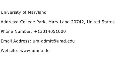 University of Maryland Address Contact Number