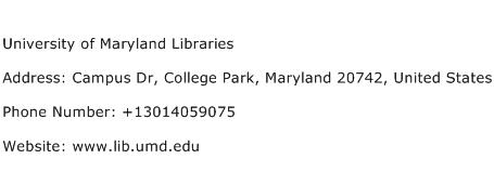 University of Maryland Libraries Address Contact Number