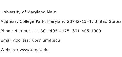 University of Maryland Main Address Contact Number
