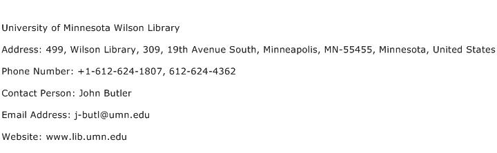 University of Minnesota Wilson Library Address Contact Number