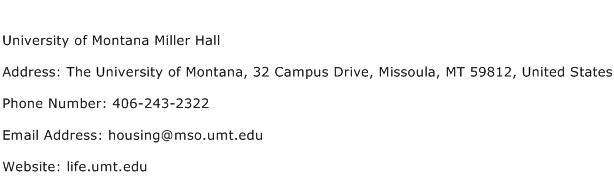 University of Montana Miller Hall Address Contact Number