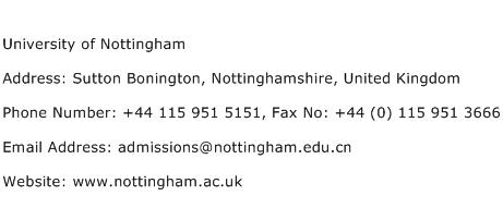 University of Nottingham Address Contact Number