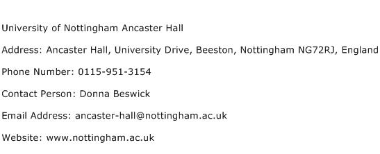 University of Nottingham Ancaster Hall Address Contact Number