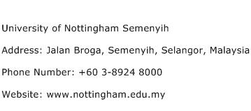 University of Nottingham Semenyih Address Contact Number