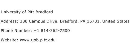 University of Pitt Bradford Address Contact Number