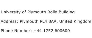 University of Plymouth Rolle Building Address Contact Number