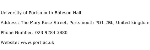University of Portsmouth Bateson Hall Address Contact Number