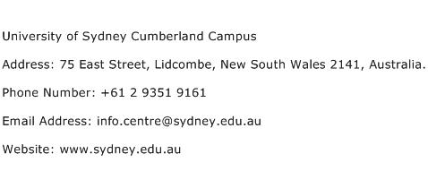 University of Sydney Cumberland Campus Address Contact Number