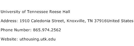 University of Tennessee Reese Hall Address Contact Number