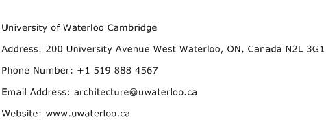 University of Waterloo Cambridge Address Contact Number