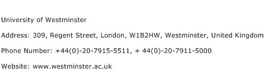 University of Westminster Address Contact Number