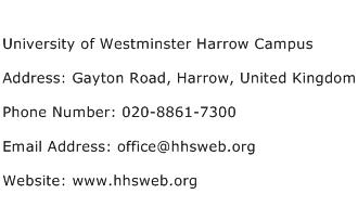 University of Westminster Harrow Campus Address Contact Number