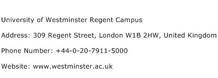 University of Westminster Regent Campus Address Contact Number