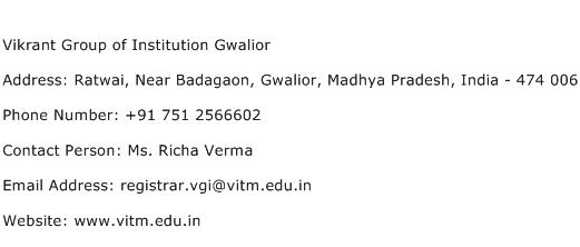 Vikrant Group of Institution Gwalior Address Contact Number